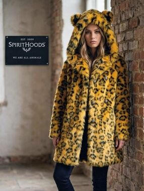 SpiritHoods Oaxaca Jaguar Faux Fur Double-Breasted Luxe Coat with Hood/Ears, S